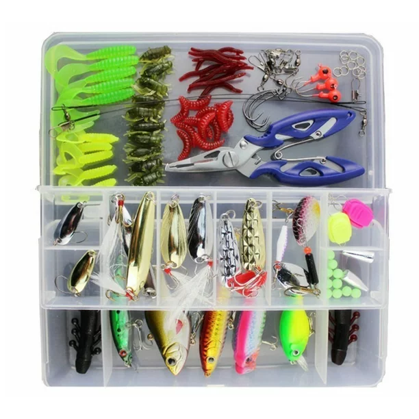 Fishing Lures Assorted Starter Set with Tackle Box, Include Frog Minnow  Popper Pencil Crank Spoon Spinner Maggot Shrimp Baits Swivels for  Freshwater Trout Bass Salmon 