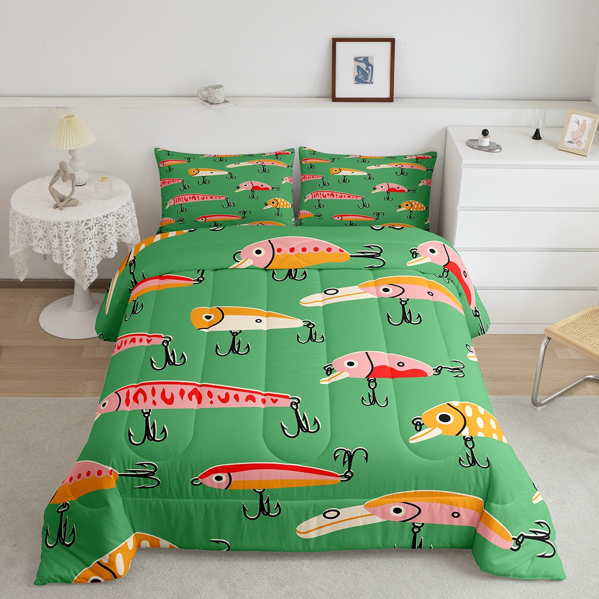 Fishing Lures Comforter Set Queen, Fishes Bedding, Hand Drawn Green ...