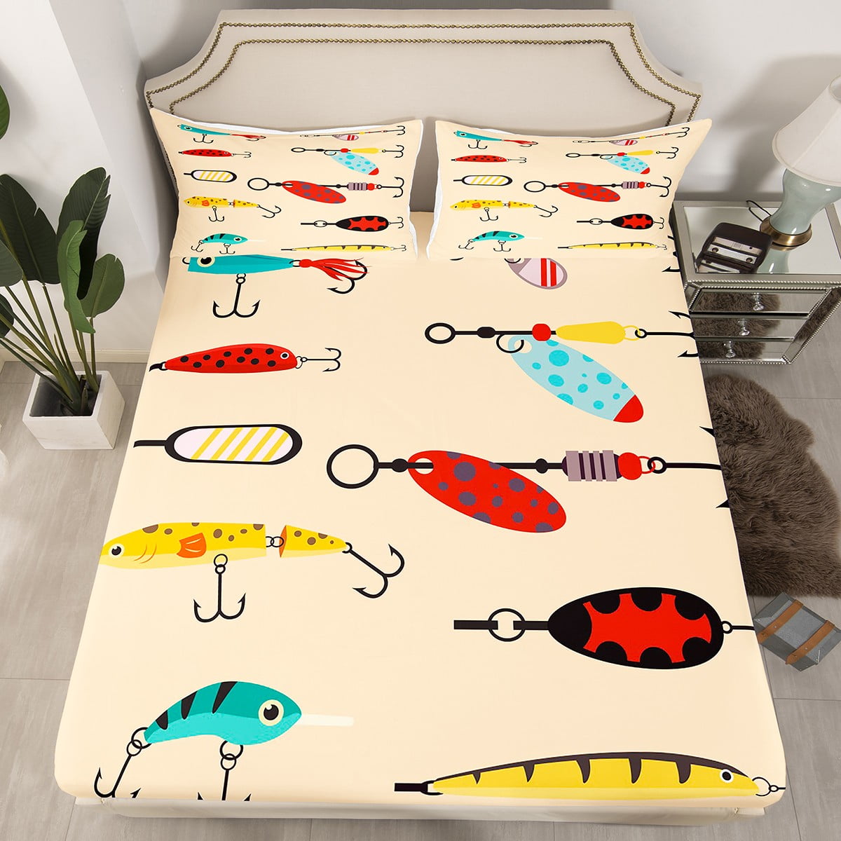 Fishing Lures Fitted Sheet Full, Fishing Baits Bed Sheets For Girls Kid
