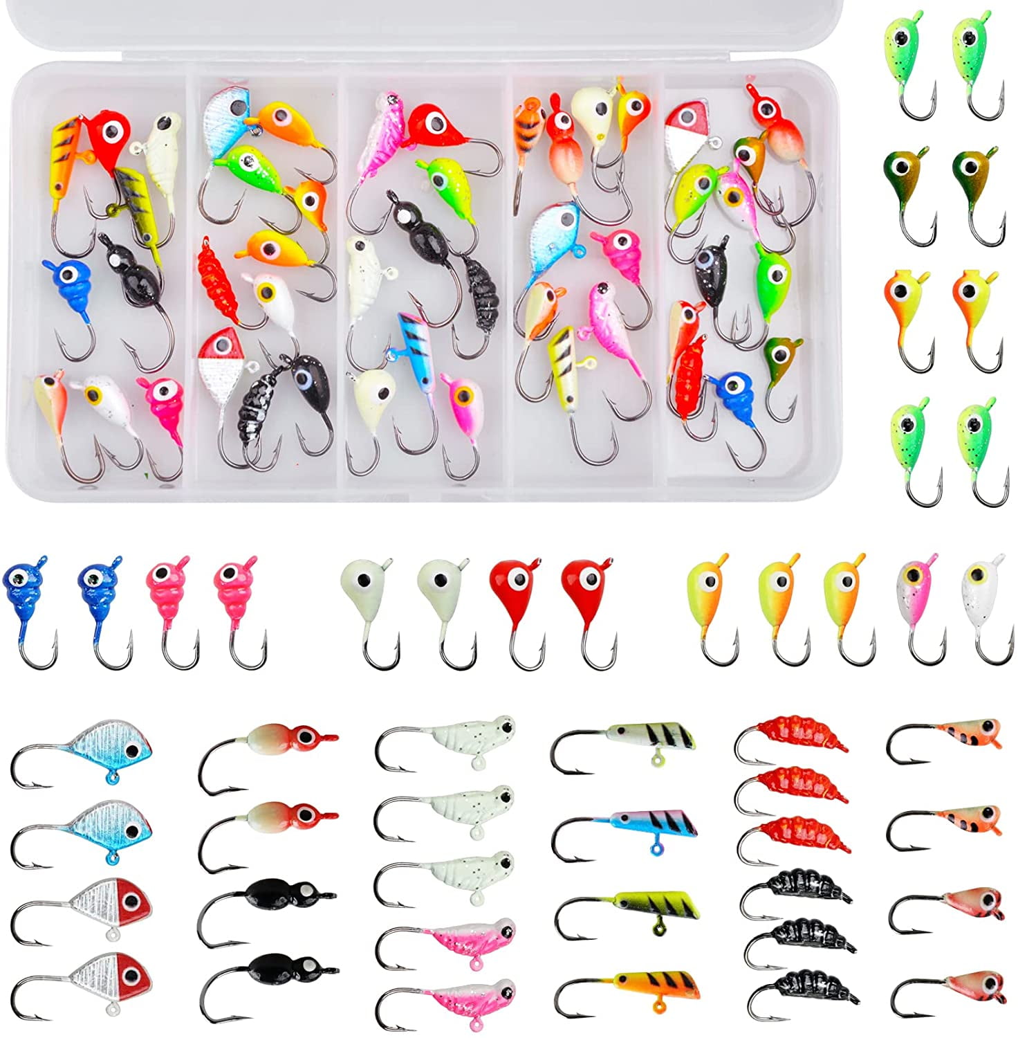 Fishing Lures Ice Fishing Jigs 48pcs Ice Fishing Gear Small Jigs Head Panfish Crappie Jigs Ice Fishing Jigging Lures Kit