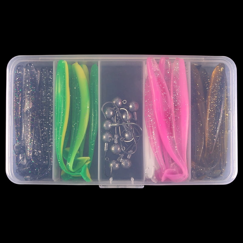 Fishing Lures Jigs Boxed Soft Baits for Bass and Perch, Soft Worms with Spiral Tail, Imitation Bait, Jig Head Hooks