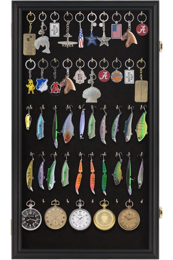 Fishing Lures, Keychain Display Case Pocket Watch Collection Display Case - Keyring Golf Bag Tag Luggage Tag Collection Showcase Shadow Box (Black Finish)