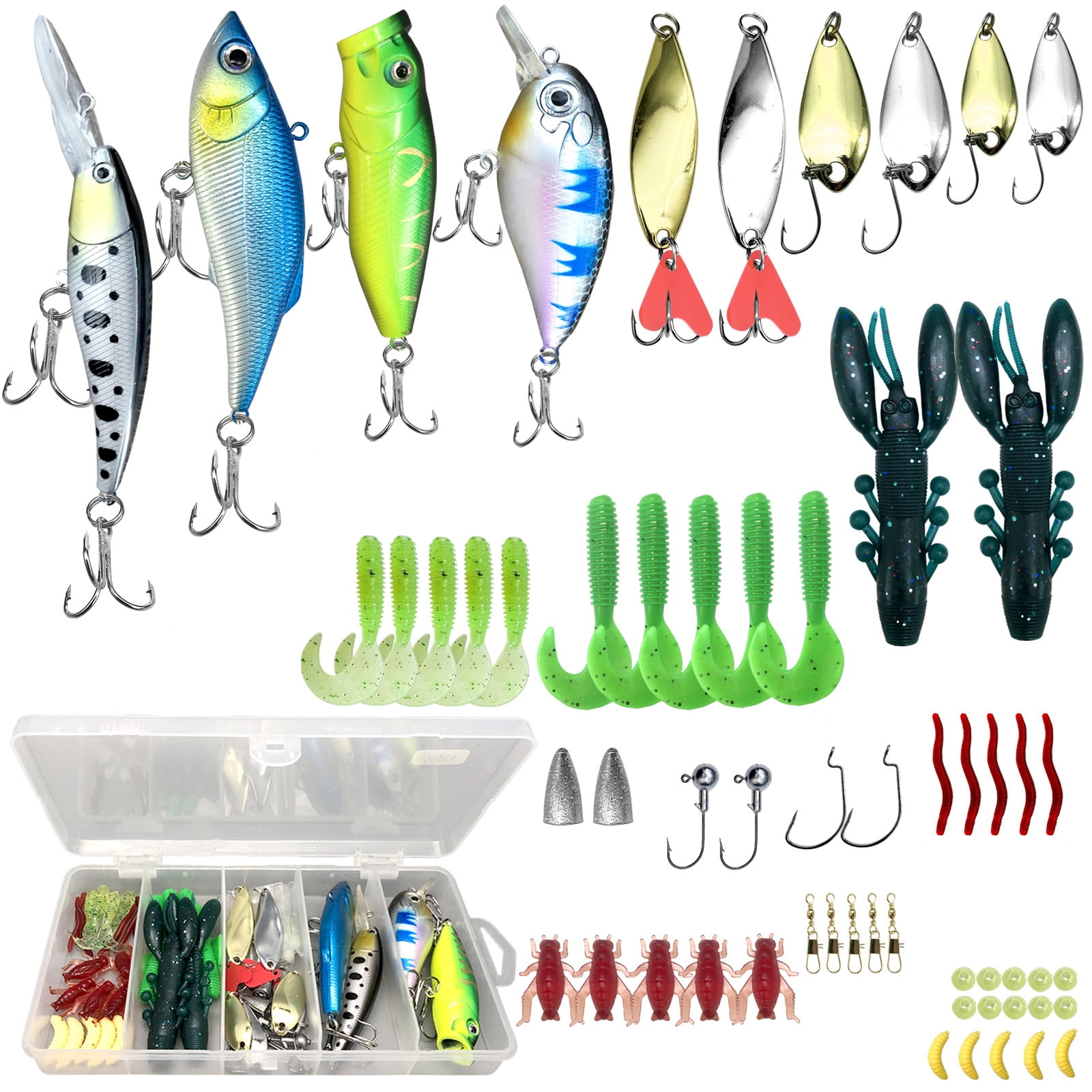 Fishing Lures Kit for Freshwater Bait Tackle Kit for Bass Trout Salmon, Fishing Accessories Tackle Box Including Spoon Lures, Soft Plastic Worms, Crankbait Jigs Fishing Hooks (59Pcs)