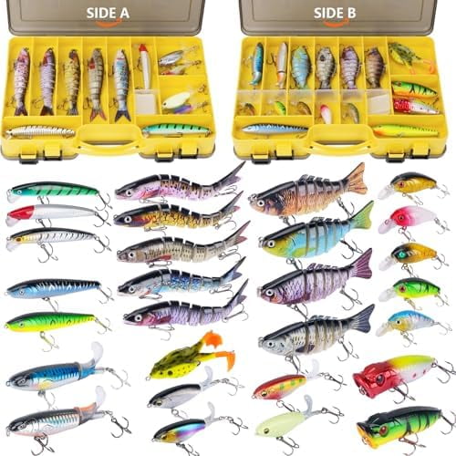 Fishing Lures Kit with Multi Jointed Swimbaits Surface Popper Crankbaits Pencil Minnow Frog, 28pcs Topwater Trout Bass Fishing Tackle Gift Set for Saltwater Freshwater$$Sport & Recreation Other