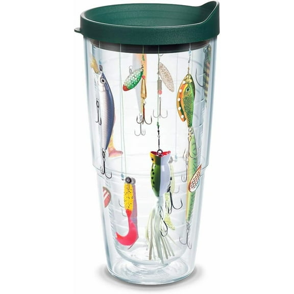 Fishing Lures Made in USA Double Walled Insulated Tumbler Travel Cup Keeps Drinks Cold & Hot, 24oz