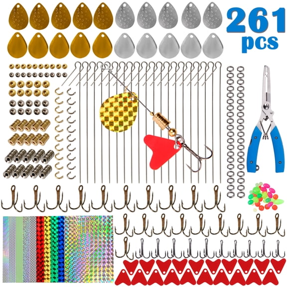 Fishing Lures Making Kit,261pcs Fishing Spoon Rig DIY Spinner Treble Hooks Spinner Blades Split Rings Holographic Adhesive Film Pliers Scissor
