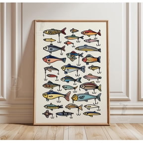 Fishing Lures Poster Colorful Angler Wall Art Minimalist Fish Art, Unframed Poster