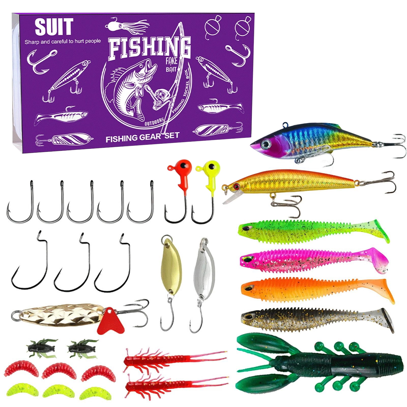 Fishing Lures Soft Plastic, Fishing Soft Plastic Lures 30 Piece Kit with Jig Heads, Treble Hooks, Freshwater Fishing Tackle Kit Purple for Outdoor Angling Gifting