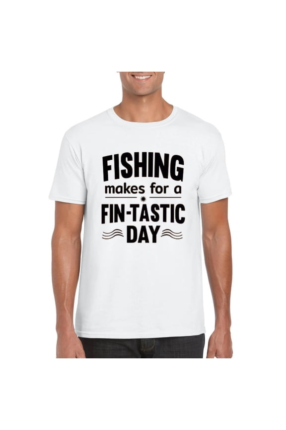 Fishing Makes For A Fin-tastic Day Bold Text Sun Waves Dark Graphic T-Shirt, for men & women, up to size 5XL