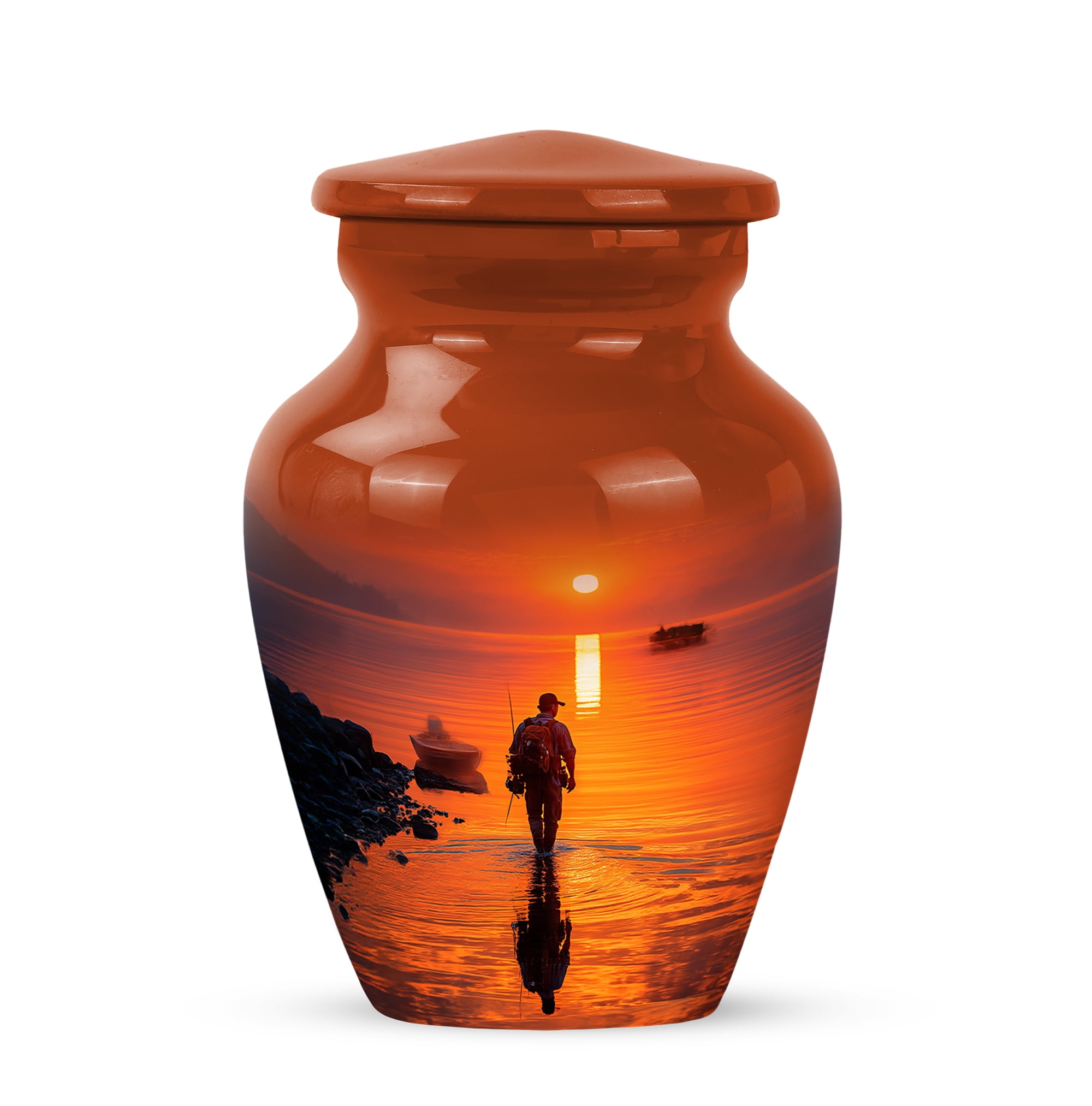 Fishing Man Small Keepsake Urn For Ashes Adult Male And Female - Brown Cremation Urns For Human Ashes For Husband And Wife - Sunset Memorial Mini Urn For Daughter And Son 3 Inch