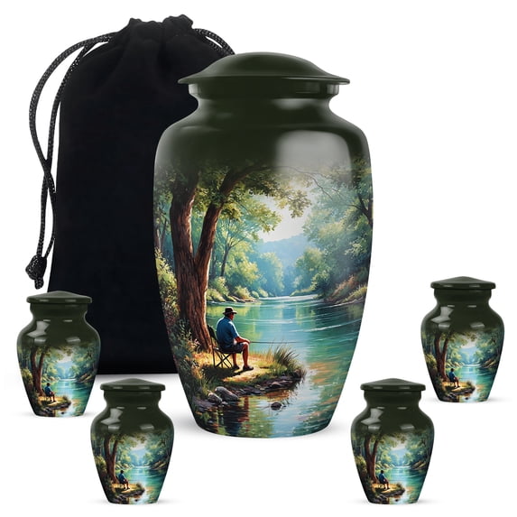 Fishing Man Urns For Adult Ashes Women And Men - Blue Cremation Urns For Mom Ashes - 1 Large Small Urn For Ash Adult Female 10 Inch, 4 Keepsake Set - Green Urn For Brother And Sister