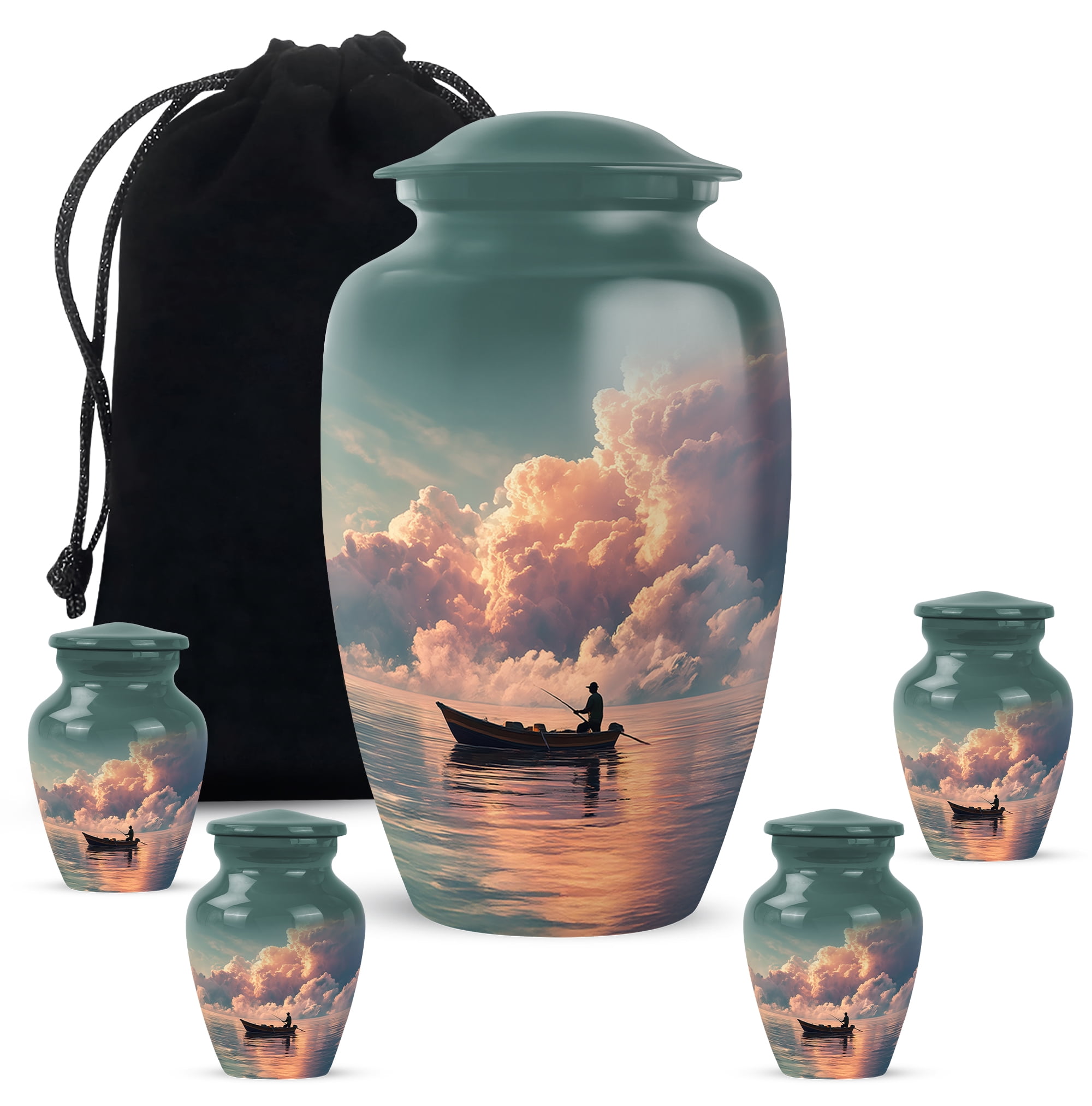 Fishing Man And Women's Urns For Human Ashes Adult - 1 Large Urn For Ashes For Women & Men - Blue Cremation Urn For Mothers Ash - Cloud Memorial Urns For Burial 10 Inch, 4 Keepsake Set