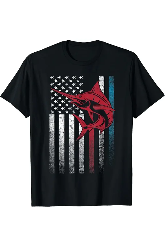 Fishing Marlin Swordfish Fish 4th of July American Flag USA T-Shirt