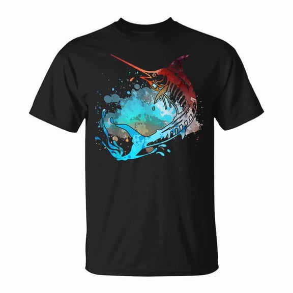 Fishing Marlin Swordfish Retro Vintage Sunset Watercolor Graphic Cotton Tee Unisex Adult Casual Ocean Angler T-Shirt, Size 3XL, Color Black