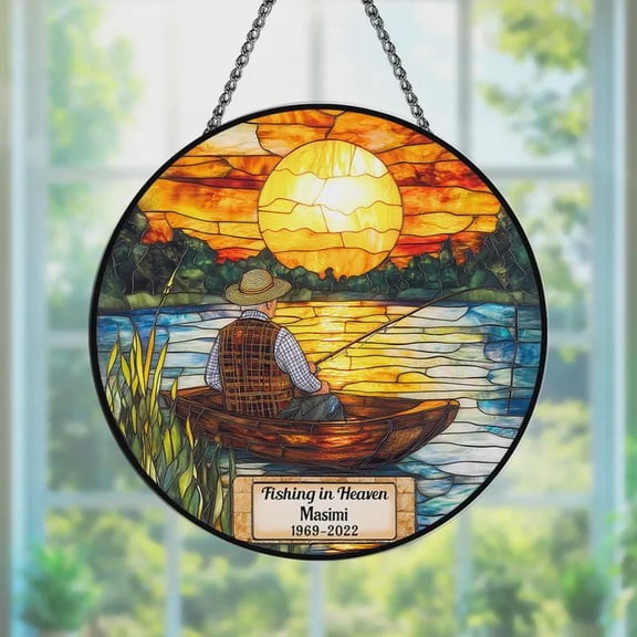 Fishing Memorial Suncatcher, Fisherman Stained Glass Window Hanging, Personalized Lake Sunset Tribute Gift,Angler Sympathy Remembrance Decor