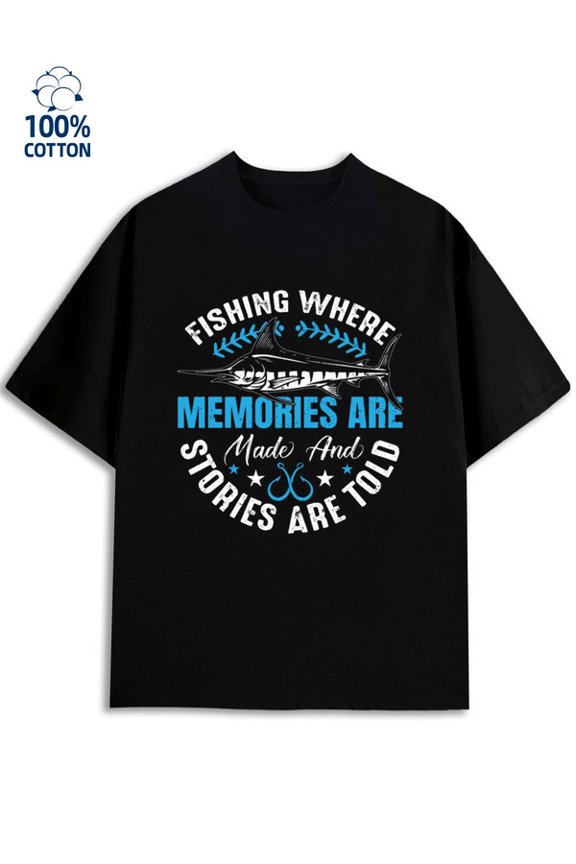 Fishing Memories T-Shirt mens fishing 180G 100% Cotton black for 60 year old fishing Basic Unisex Shirt Graphic Tee tshirts Classic Unisex Shirt Graphic tshirts Casual Unisex Shirt Graphic tshirts