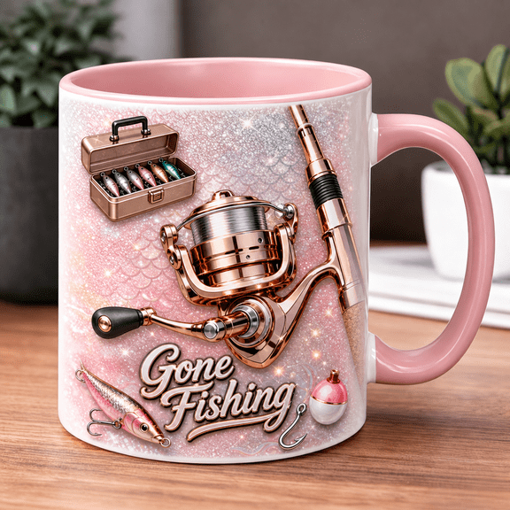 Fishing Mug Ceramic Coffee Cup with Fishing Rod & Tackle Box Design, Fisherman Gift
