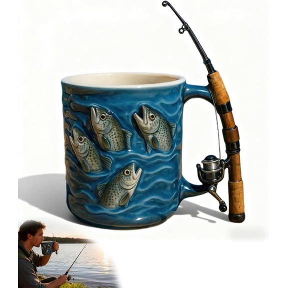 Fishing Mug Resin Cup with Rod Reel Handle Simulated Line Design