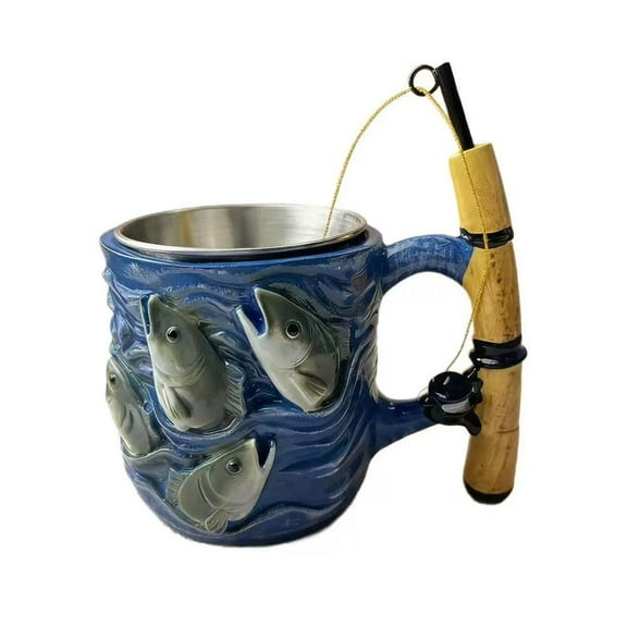Fishing Mug With Sculpted Rod And Reel Handle For Camping Or Office Resin Travel Cup