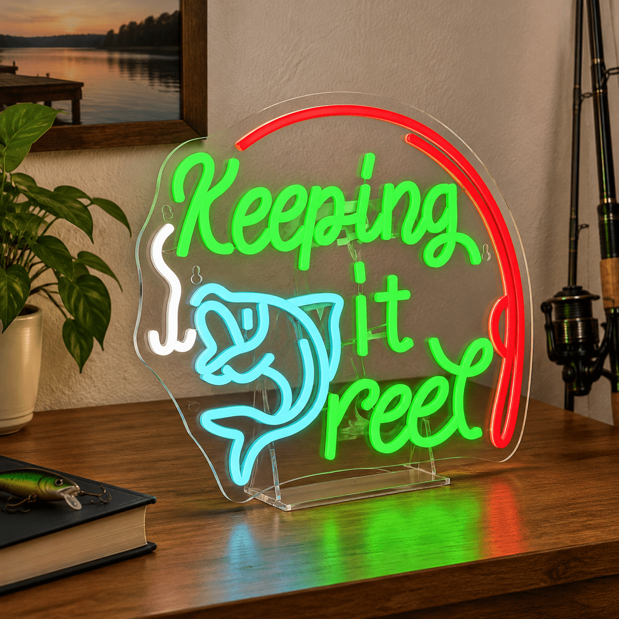 Fishing Neon Sign Keeping It Reel, Wall Decor for Man Cave, 15.28 x 12. ...