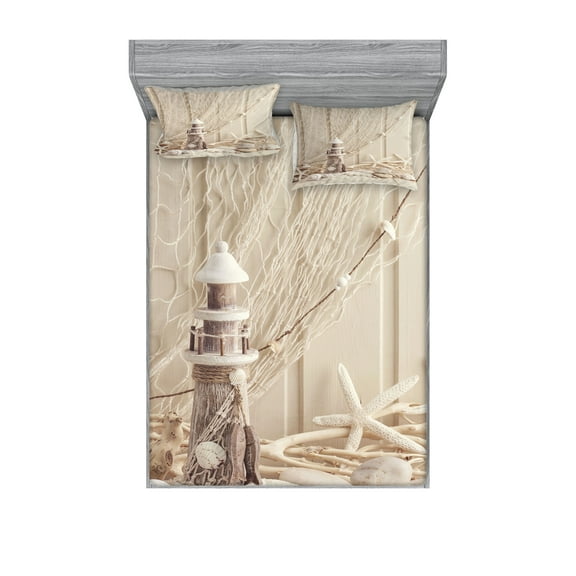 Fishing Net Fitted Sheet & Pillow Sham Set, Marine Theme Sea Stars and Shells Underwater Life Wooden Lighthouse Print, Decorative Printed 6 Piece Bedding Decor Set, Full, Beige Cream, by Ambesonne