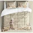thumbnail image 1 of Fishing Net Queen Size Duvet Cover Set, Marine Theme with Sea Stars And Shells Underwater Life Wooden Lighthouse Print, Decorative 3 Piece Bedding Set with 2 Pillow Shams, Beige Cream, by Ambesonne, 1 of 3