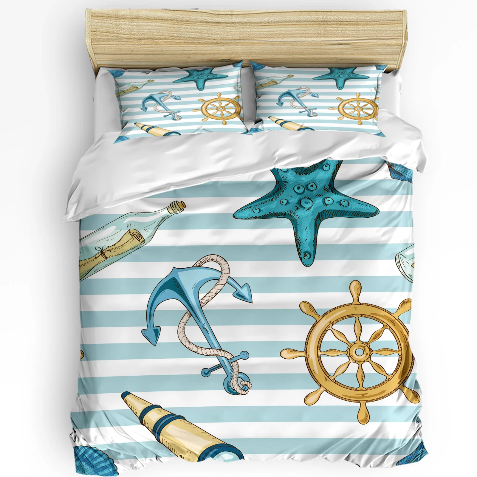 Fishing Net StarLighthouse Beach Wooden Duvet Cover Bed Bedding Set
