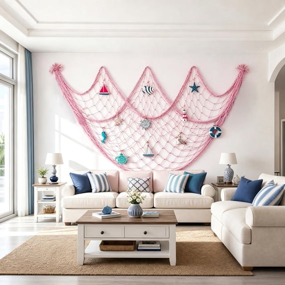 Fishing Net Wall Decor, Nautical Wall Hanging Cotton Fishnet with Wooden Sea Animal Ornaments, Coastal Photo Display Net for Beach Themed Bedroom, Living Room, and Party Backdrop