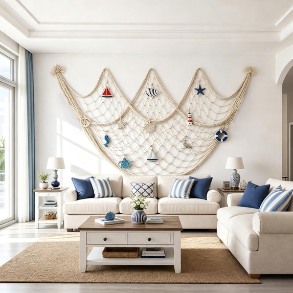 Fishing Net Wall Decor, Nautical Wall Hanging Cotton Fishnet with Wooden Sea Animal Ornaments, Coastal Photo Display Net for Beach Themed Bedroom, Living Room, and Party Backdrop