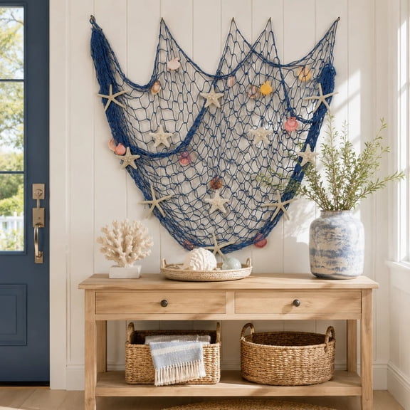 Fishing Net Wall Hanging with Lights, Nautical Beach Decor with Warm LED String Lights and Seaside Accents, Rope Netting Wall Art for Bedroom Living Room Porch Party and Coastal Home Decor