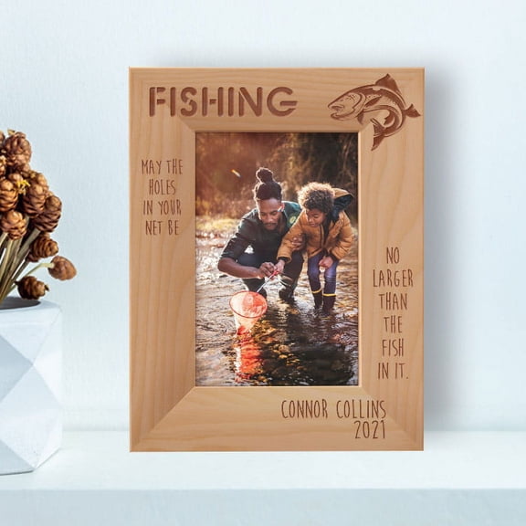 Fishing No Larger Than The Fish In It Personalized Wooden Frame 4" x 6" Brown (Vertical)