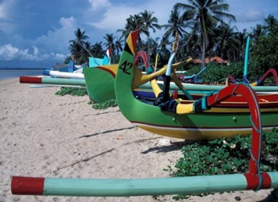 Fishing Outriggers on Sanur Beach Indonesia Canvas Art - Nik Wheeler DanitaDelimont (25 x 18)