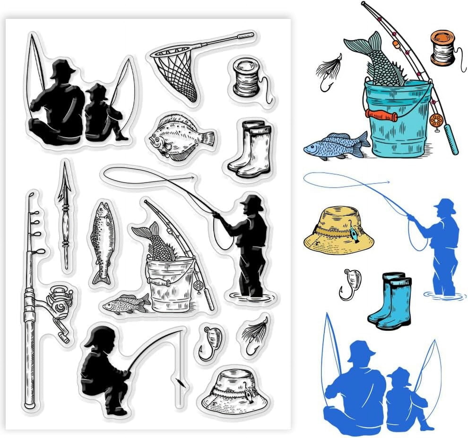 Fishing Pattern Clear Stamps Fish Hat Rod Barrel Transparent Decorative ...