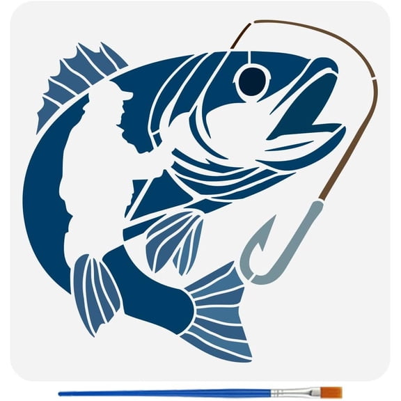 Fishing Patterns Stencil with 1Pc Plastic Brush 11.8x11.8 inch Go Fishing Template Fish Pattern Drawing Stencil Human Theme Template for DIY handcrafting