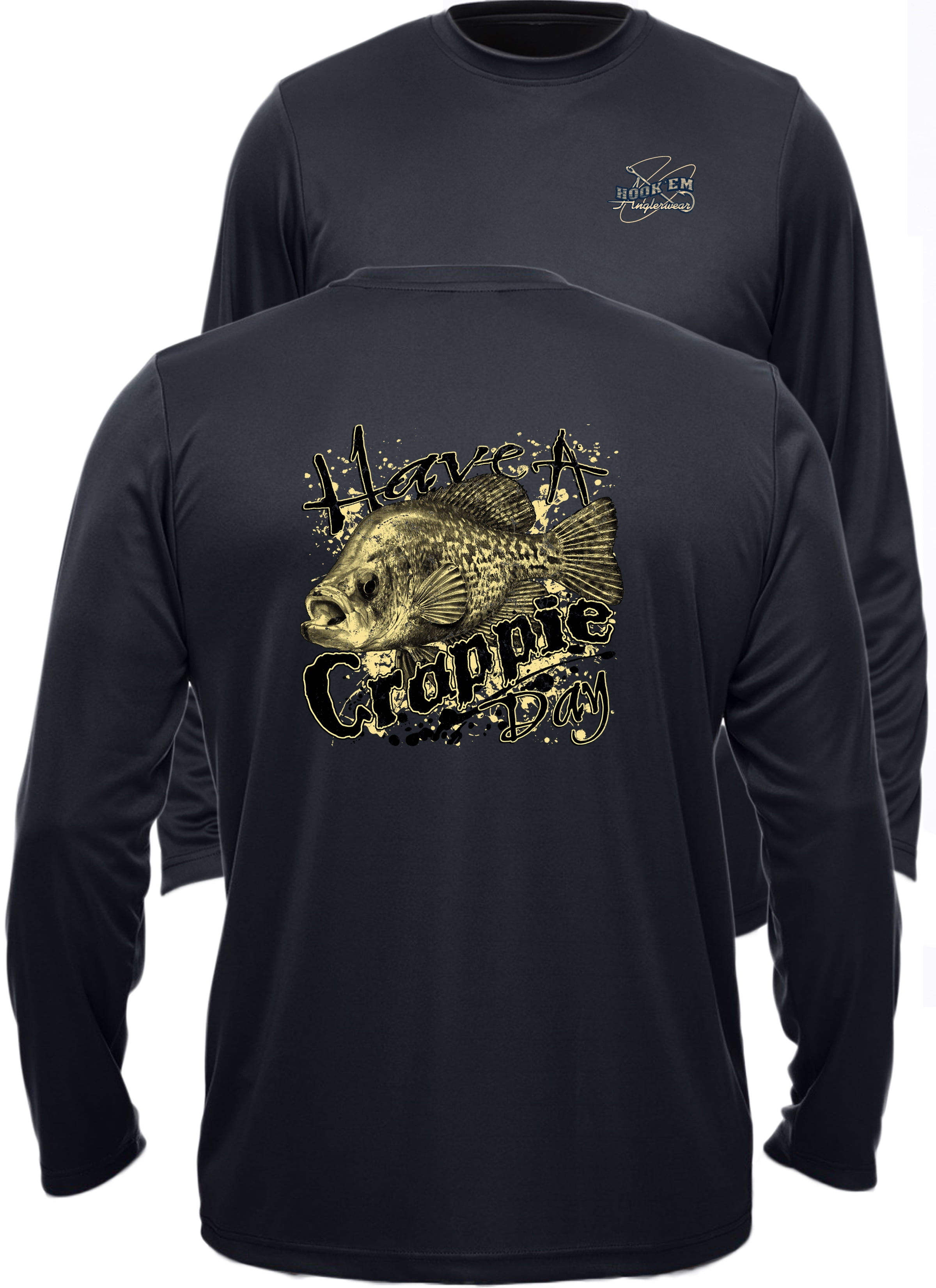 Fishing Performance Long Sleeve Shirt, men's UV 44+ sun protection, cooling  polyester, have a crappie day-Navy-XL