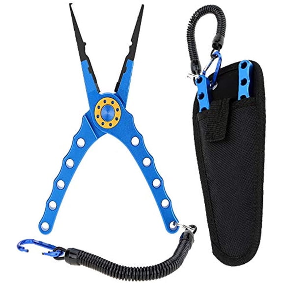 Fishing Pliers Saltwater Aviation Aluminum with Sheath and Lanyard - Braid Cutters Split Ring Pliers Hook Remover Line Cutting Stainless Steel Jaw Fish Holder, Durable & Lightweight