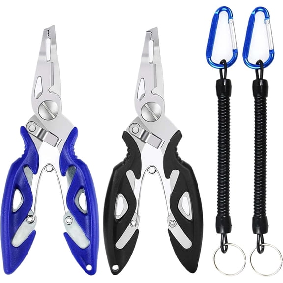 Fishing Pliers, Stainless Steel Fish Hook Remover 2PCS, Multi-Function Fishing Line Cutter Split Ring Opener, Fishing Braid Scissors Gear Accessories Fish Gripper with Lanyard Fly Fishing Tool