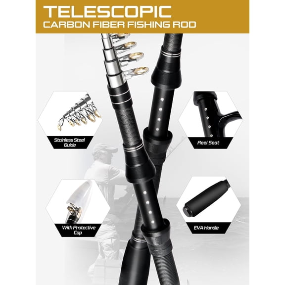 Fishing Pole Kit, Carbon Fiber Telescopic Fishing Rod and Reel Combo with Spinning Reel, Line, Bionic Bait, Hooks and Carrier Bag for Adult Teens Beginners