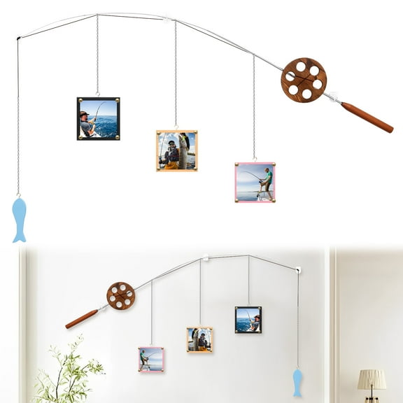 Fishing Pole Picture Frame Display with 3 Pcs 4" x 4" Frames Wood Fish Hanging Wall Decor for Lake Cabin Farmhouse Fishing Lovers Fishermen Gifts