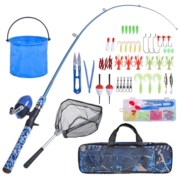 Fishing Pole Set With Full Starter Kits 2 Portable Telescopic Rod And Spincast Reel Cambos A Net 2 Buckets For