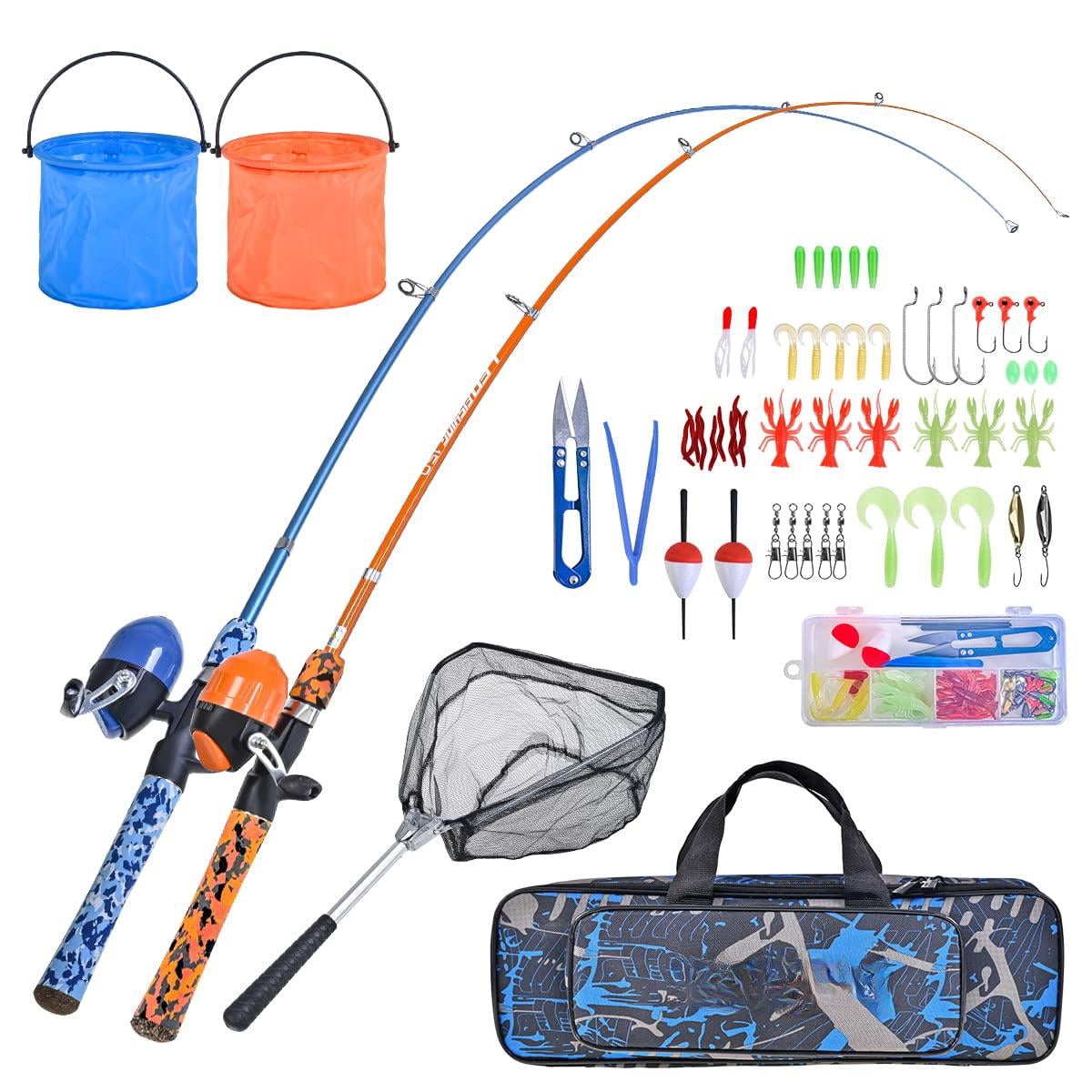 Fishing Pole Set With Full Starter Kits 2 Portable Telescopic Rod And Spincast Reel Cambos A Net 2 Buckets For