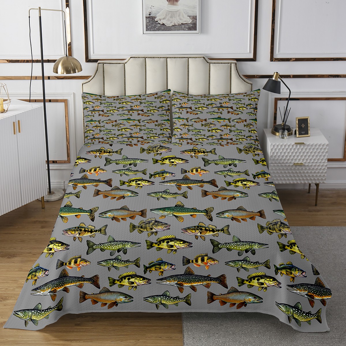 Fishing Queen Bedspread Set, Retro Pike Fish Quilt Set For Men Adults ...