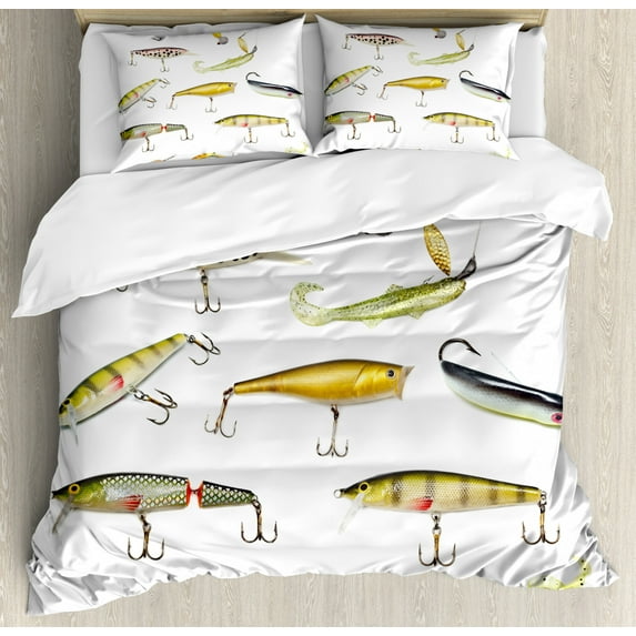 Fishing Queen Size Duvet Cover Set, Fishing Tackle Bait for Spearing Trapping Catching Aquatic Animals Molluscs Design, Decorative 3 Piece Bedding Set with 2 Pillow Shams, Multicolor, by Ambesonne