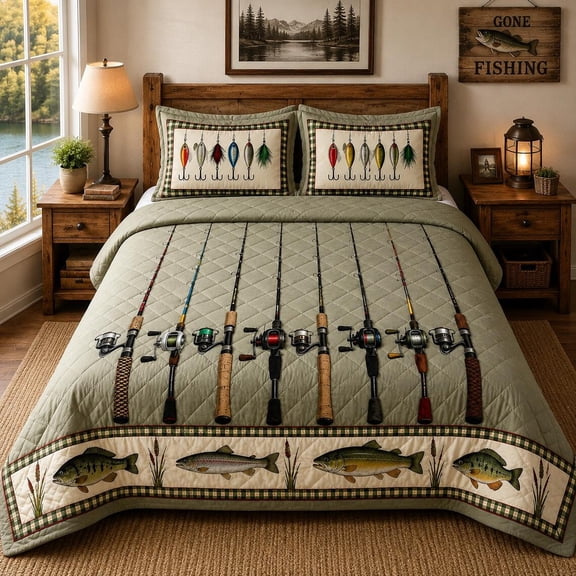 Fishing Quilted 3-Piece Bedding Set, Fishing Rod & Lure Quilt