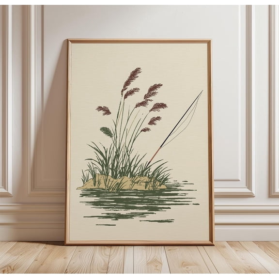 Fishing Reed Poster Minimal Nature Wall Art Lake Landscape Calm Water, Unframed Poster
