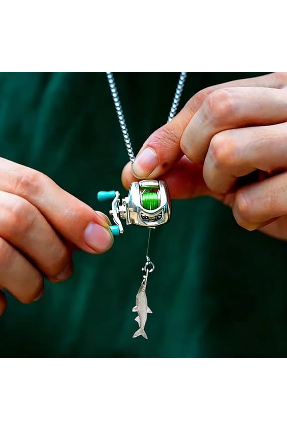 Fishing Reel Necklace,Fish Necklace,Mini Fishing Reel Necklace,Rotating Handle Spinning Reel Pendant,Keychain,Backpack Charm,Keychain for Fishermen(Green)