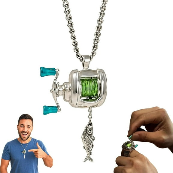 Fishing Reel Necklace, Rotating Handle & Moving Line Guide, Backpack Charm,Spinning Reel Keychain Fishing Gear Key Holder