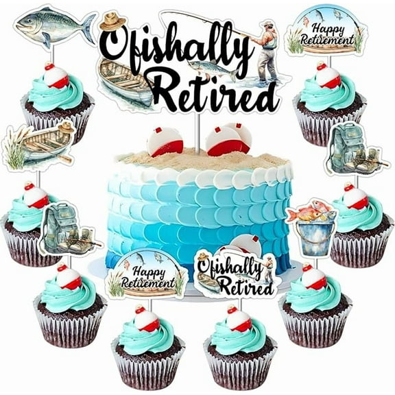 Fishing Retirement Party Decorations - 25PCS Ofishally Retired Cake Topper & Fishing Theme Cupcake Toppers, Gone Fishing Retirement Decorations, Happy Retirement Fishing Cake Decorations