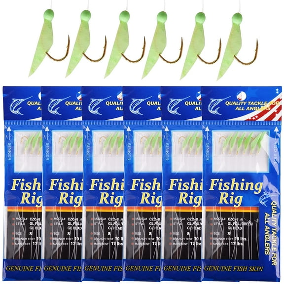 Fishing Rigs Bait Fish Skin Rig Hooks, 6 Packs Glow Fishing Bait Rigs with Fish Skin Size 4 6 8