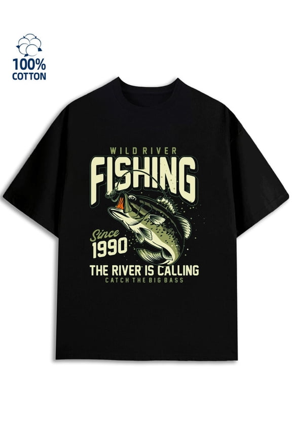 Fishing River Tee for men fish 180G 100% Cotton black for men funny for 60 year old Basic Unisex Shirt Cotton tshirts Classic Unisex Shirt Printed tshirts Casual Unisex Shirt Printed tshirts